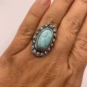 Vintage Silver Tone Turquoise Adjustable Size Rhinestone Cocktail Statement Ring